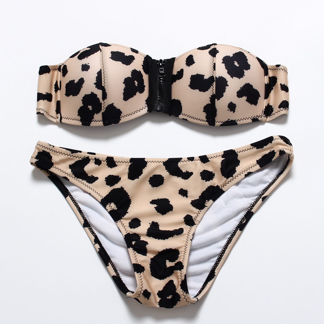 F4321-3Brown Sexy Leopard Grain Zip Bikini